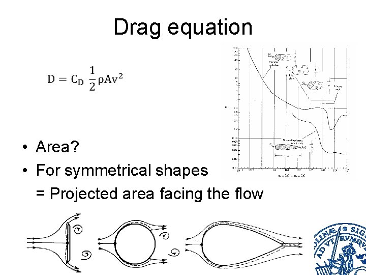 Drag equation • Area? • For symmetrical shapes = Projected area facing the flow