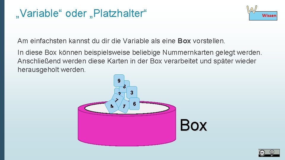 „Variable“ oder „Platzhalter“ Wissen Am einfachsten kannst du dir die Variable als eine Box