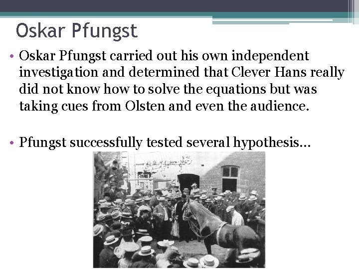 Oskar Pfungst • Oskar Pfungst carried out his own independent investigation and determined that