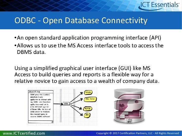 ODBC - Open Database Connectivity • An open standard application programming interface (API) • ODBC - Open Database Connectivity • An open standard application programming interface (API) •