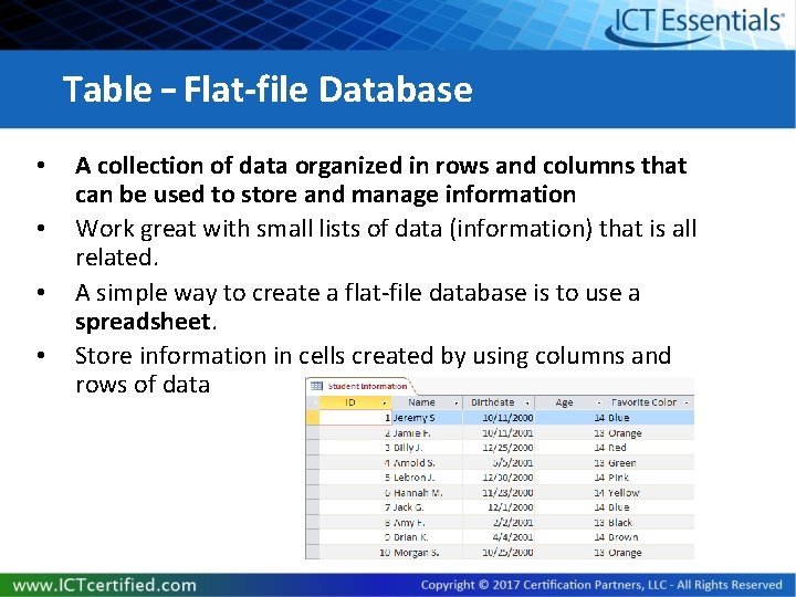 Table – Flat-file Database • • A collection of data organized in rows and Table – Flat-file Database • • A collection of data organized in rows and