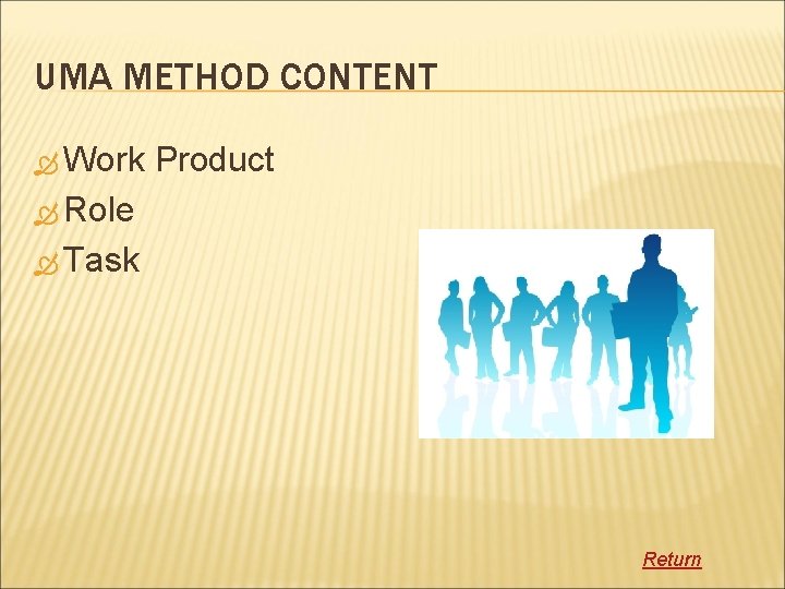 UMA METHOD CONTENT Work Product Role Task Return 