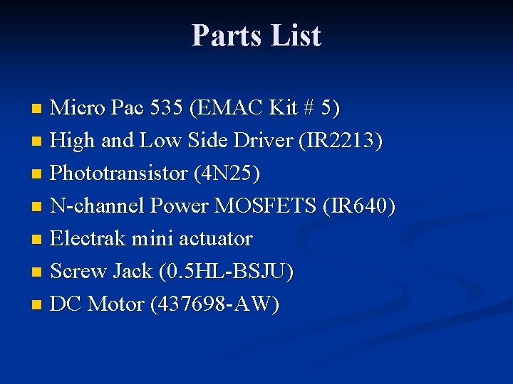 Parts List Micro Pac 535 (EMAC Kit # 5) n High and Low Side Parts List Micro Pac 535 (EMAC Kit # 5) n High and Low Side