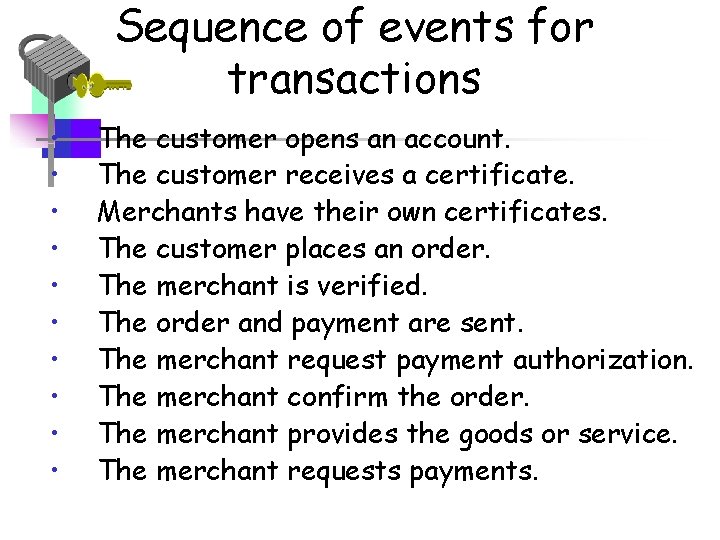 Sequence of events for transactions • • • The customer opens an account. The