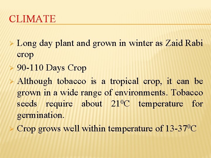 CLIMATE Long day plant and grown in winter as Zaid Rabi crop Ø 90