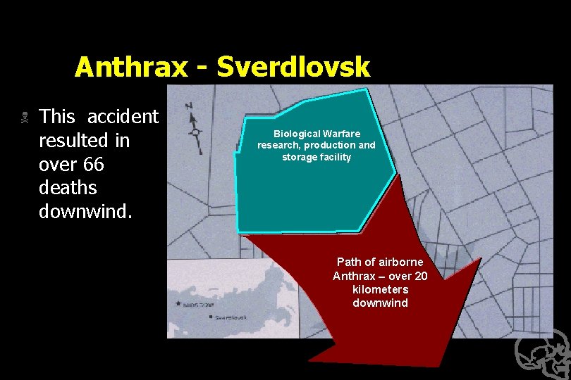 Anthrax - Sverdlovsk N This accident resulted in over 66 deaths downwind. Biological Warfare