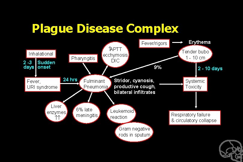 Plague Disease Complex Fever/rigors Inhalational Pharyngitis 2 -3 Sudden days onset Fever, URI syndrome