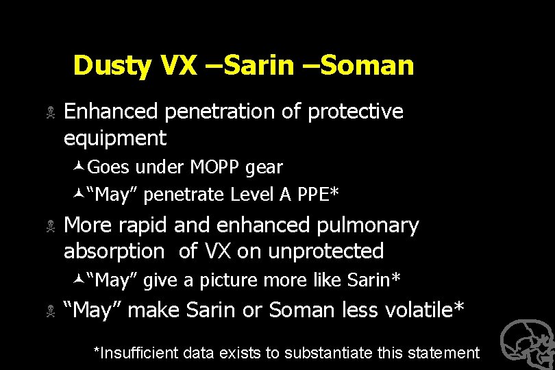 Dusty VX –Sarin –Soman N Enhanced penetration of protective equipment ©Goes under MOPP gear