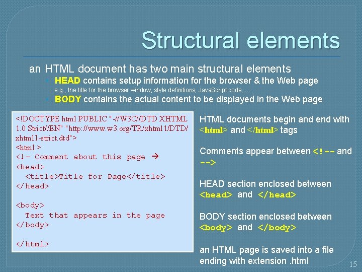 Structural elements an HTML document has two main structural elements • HEAD contains setup