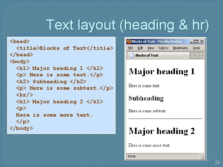 Text layout (heading & hr) <head> <title>Blocks of Text</title> </head> <body> <h 1> Major