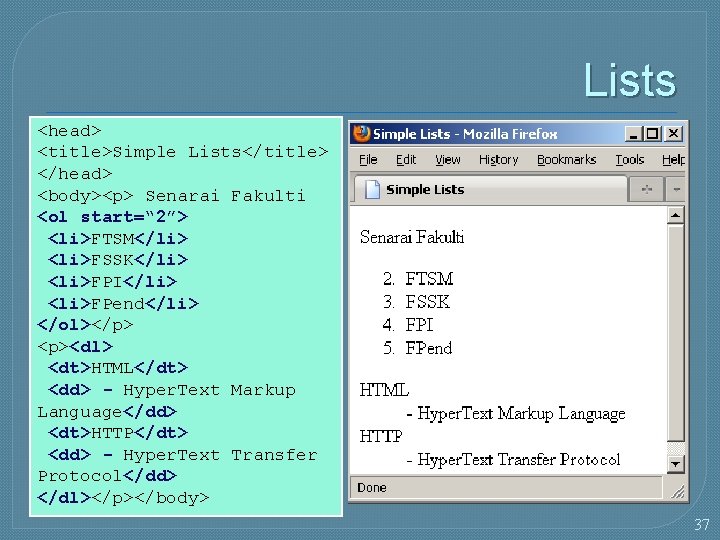 Lists <head> <title>Simple Lists</title> </head> <body><p> Senarai Fakulti <ol start=“ 2”> <li>FTSM</li> <li>FSSK</li> <li>FPI</li>