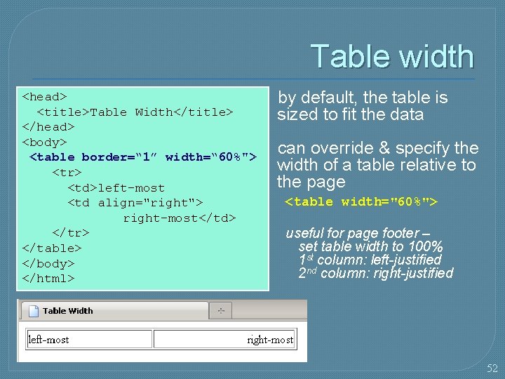 Table width <head> <title>Table Width</title> </head> <body> <table border=“ 1” width=“ 60%"> <tr> <td>left-most