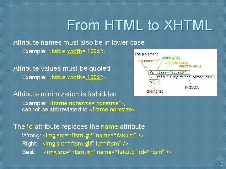 From HTML to XHTML � Attribute names must also be in lower case •