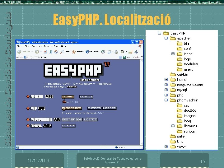 Easy. PHP. Localització 10/11/2003 Subdirecció General de Tecnologies de la Informació 15 