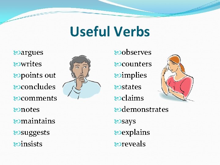 Useful Verbs argues writes points out concludes comments notes maintains suggests insists observes counters