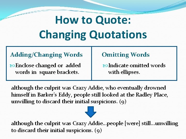 How to Quote: Changing Quotations Adding/Changing Words Omitting Words Enclose changed or added words
