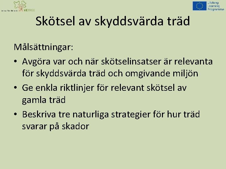 Skötsel av skyddsvärda träd Målsättningar: • Avgöra var och när skötselinsatser är relevanta för