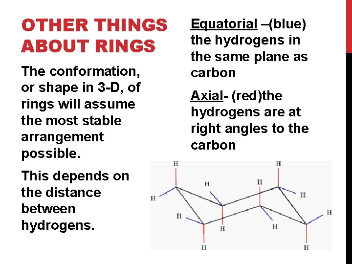 OTHER THINGS ABOUT RINGS The conformation, or shape in 3 -D, of rings will OTHER THINGS ABOUT RINGS The conformation, or shape in 3 -D, of rings will