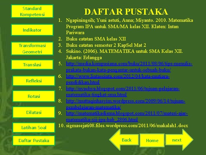 Standard Kompetensi DAFTAR PUSTAKA Latihan Soal 1. Ngapiningsih; Yuni astuti, Anna; Miyanto. 2010. Matematika
