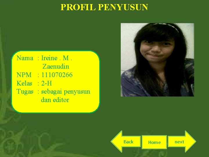 PROFIL PENYUSUN Nama : Ireine. M. Zaenudin NPM : 111070266 Kelas : 2 -H