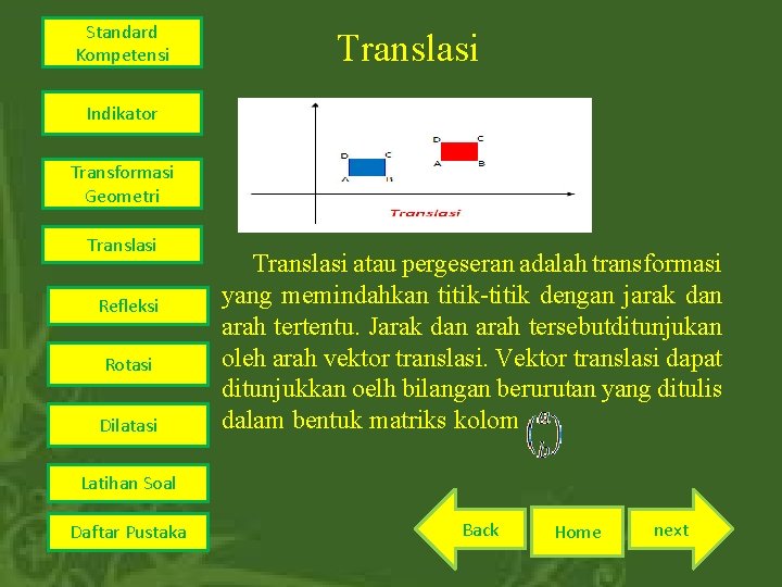 Standard Kompetensi Translasi Indikator Transformasi Geometri Translasi Refleksi Rotasi Dilatasi Translasi atau pergeseran adalah