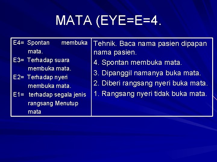 MATA (EYE=E=4. E 4= Spontan membuka mata. E 3= Terhadap suara membuka mata. E