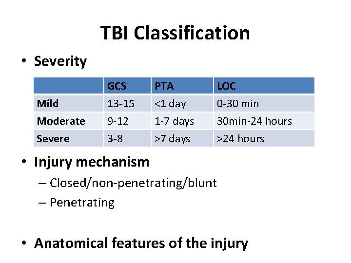 TBI Classification • Severity Mild Moderate Severe GCS 13 -15 9 -12 3 -8