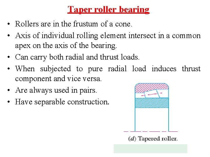 Taper roller bearing • Rollers are in the frustum of a cone. • Axis