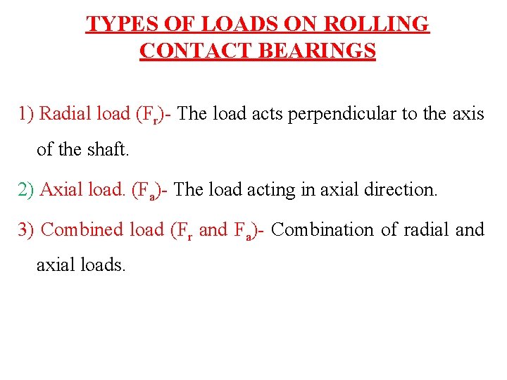 TYPES OF LOADS ON ROLLING CONTACT BEARINGS 1) Radial load (Fr)- The load acts