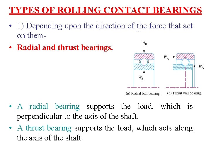 TYPES OF ROLLING CONTACT BEARINGS • 1) Depending upon the direction of the force