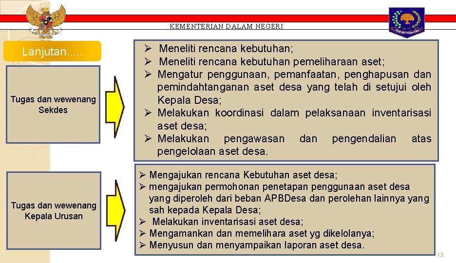 KEMENTERIAN DALAM NEGERI Lanjutan. . . Tugas dan wewenang Sekdes Tugas dan wewenang Kepala