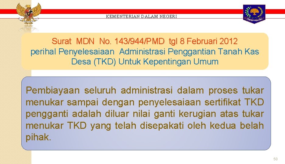 KEMENTERIAN DALAM NEGERI Surat MDN No. 143/944/PMD tgl 8 Februari 2012 perihal Penyelesaiaan Administrasi