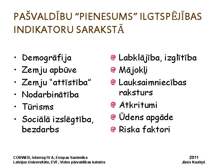 PAŠVALDĪBU “PIENESUMS” ILGTSPĒJĪBAS INDIKATORU SARAKSTĀ • • • Demogrāfija Zemju apbūve Zemju “attīstība” Nodarbinātība