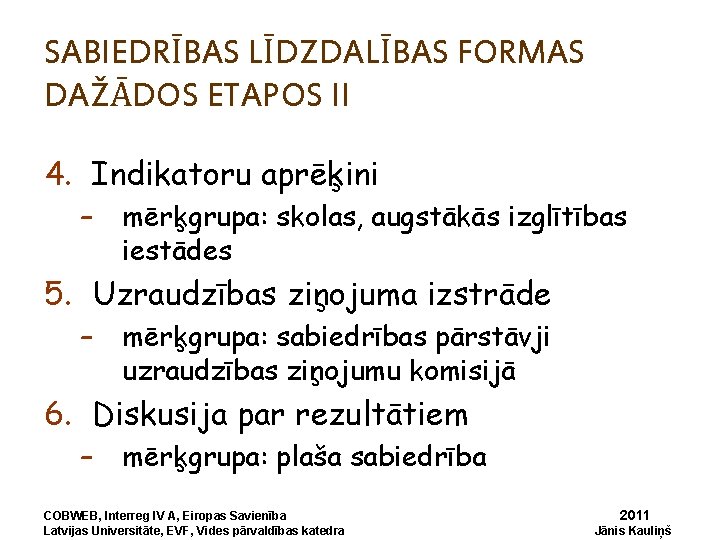 SABIEDRĪBAS LĪDZDALĪBAS FORMAS DAŽĀDOS ETAPOS II 4. Indikatoru aprēķini – mērķgrupa: skolas, augstākās izglītības