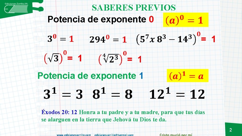 SABERES PREVIOS Potencia de exponente 0 Potencia de exponente 1 Éxodos 20: 12 Honra