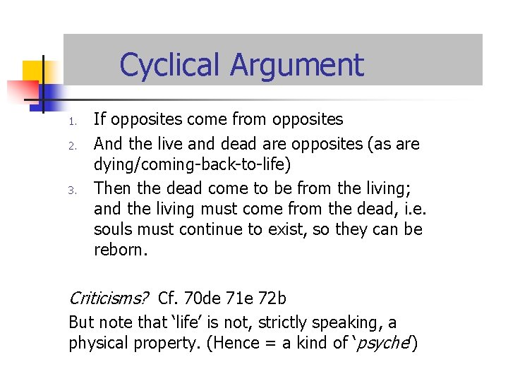 Cyclical Argument 1. 2. 3. If opposites come from opposites And the live and