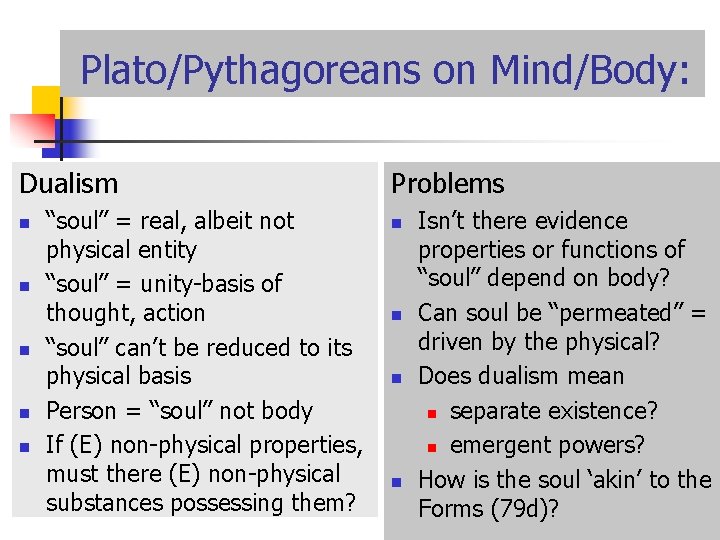 Plato/Pythagoreans on Mind/Body: Dualism n n n “soul” = real, albeit not physical entity