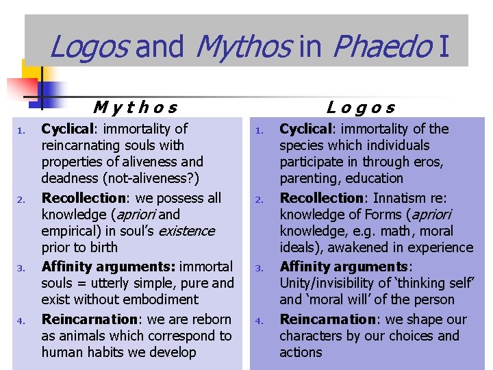 Logos and Mythos in Phaedo I Mythos 1. 2. 3. 4. Cyclical: immortality of