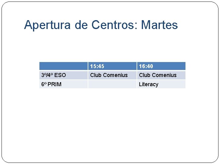 Apertura de Centros: Martes 3º/4º ESO 6º PRIM 15: 45 16: 40 Club Comenius