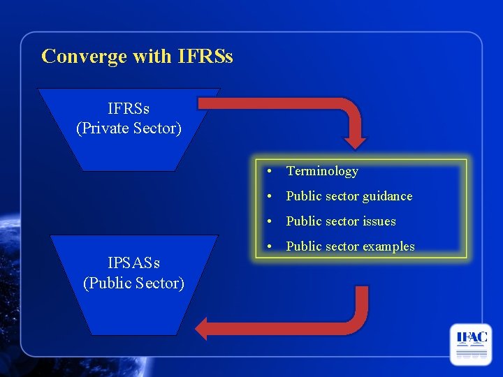 Converge with IFRSs (Private Sector) • Terminology • Public sector guidance • Public sector