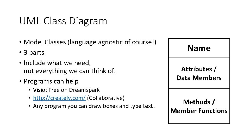 UML Class Diagram • Model Classes (language agnostic of course!) • 3 parts • UML Class Diagram • Model Classes (language agnostic of course!) • 3 parts •