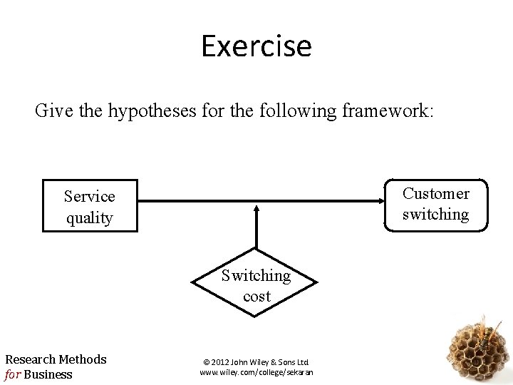 Exercise Give the hypotheses for the following framework: Customer switching Service quality Switching cost