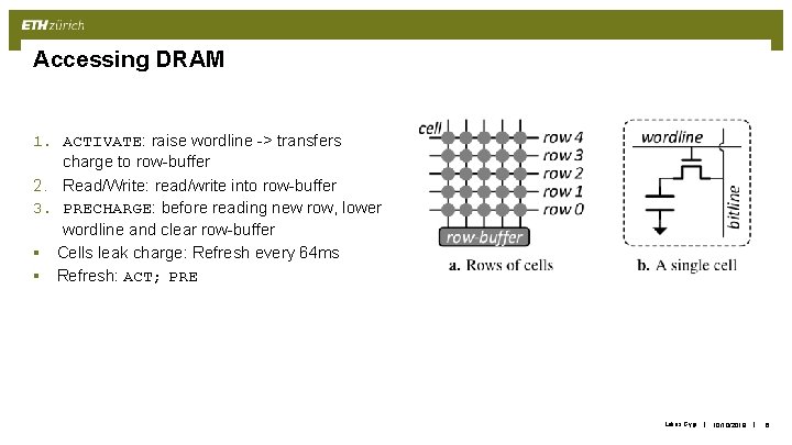Accessing DRAM 1. ACTIVATE: raise wordline -> transfers charge to row-buffer 2. Read/Write: read/write