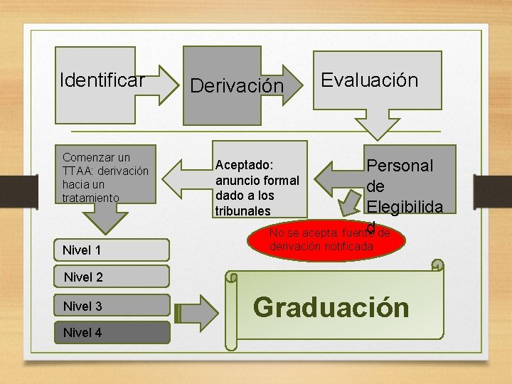 Identificar Comenzar un TTAA: derivación hacia un tratamiento Nivel 1 Derivación Evaluación Personal de