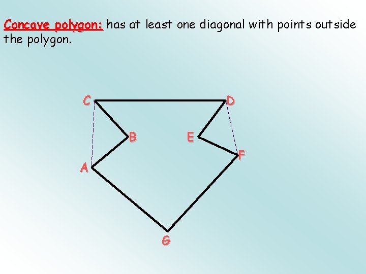 Concave polygon: has at least one diagonal with points outside the polygon. C D