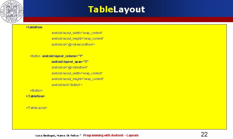 Table. Layout <Table. Row android: layout_width="wrap_content" android: layout_height="wrap_content" android: id="@+id/second. Row"> <Button android: layout_column="1"