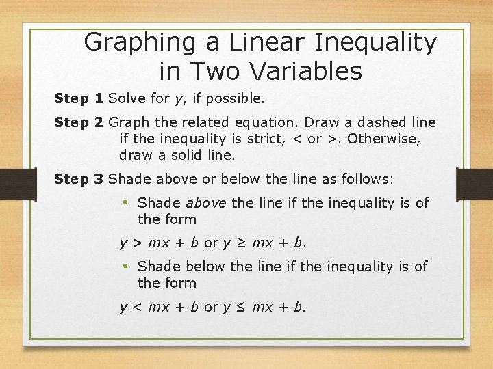 Graphing a Linear Inequality in Two Variables Step 1 Solve for y, if possible. Graphing a Linear Inequality in Two Variables Step 1 Solve for y, if possible.