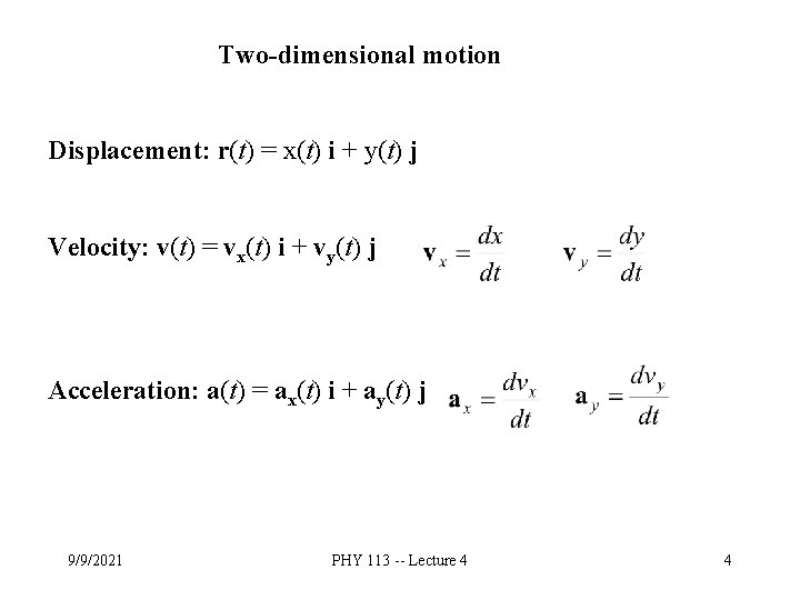 Two-dimensional motion Displacement: r(t) = x(t) i + y(t) j Velocity: v(t) = vx(t)