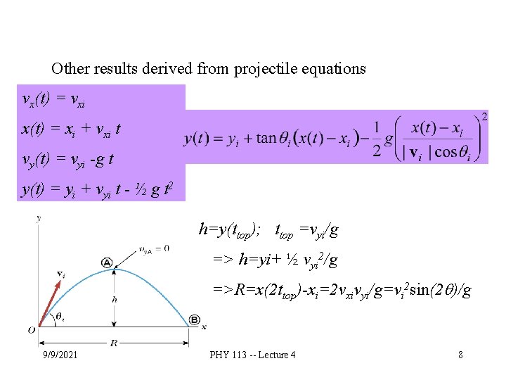 Other results derived from projectile equations vx(t) = vxi x(t) = xi + vxi