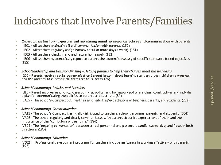 Indicators that Involve Parents/Families • • • • Classroom Instruction - Expecting and monitoring